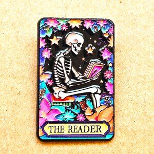 Spell Skeleton The Reader Enamel Pin, Tarot Card, Colorful Book Lover, Unisex